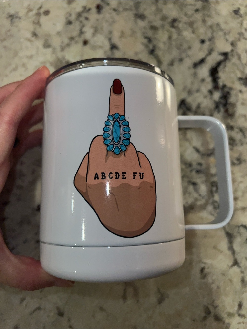 White Mug with Middle Finger Graphic and Turquoise Ring
